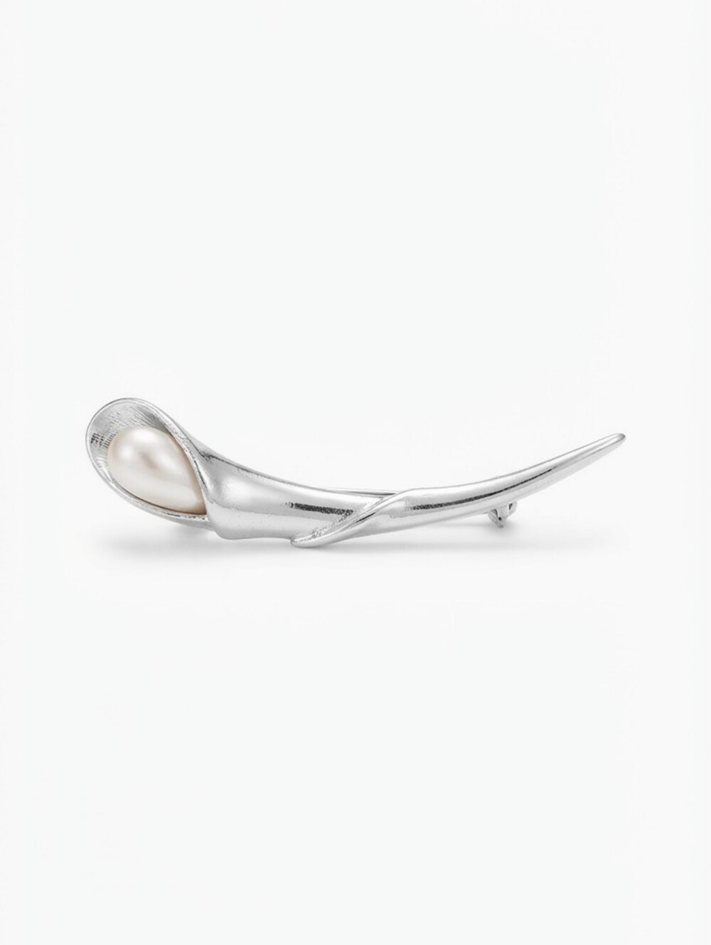 Vintage Silver Tone Calla Lily Pearl Brooch, Mid-Century Modernist Floral Pin, R
